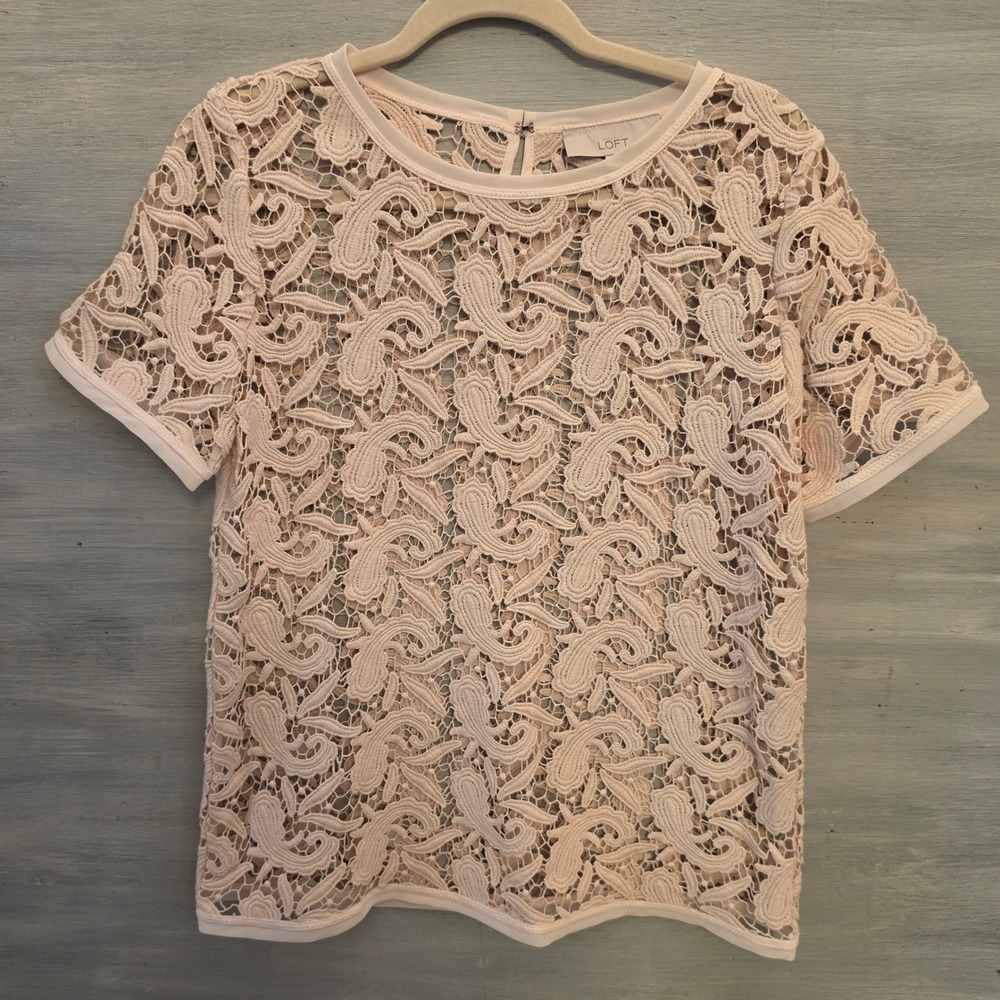 Ann Taylor‎ Loft Blush Pink Crochet Paisley Lace Open Knit Blouse Size Medium GC